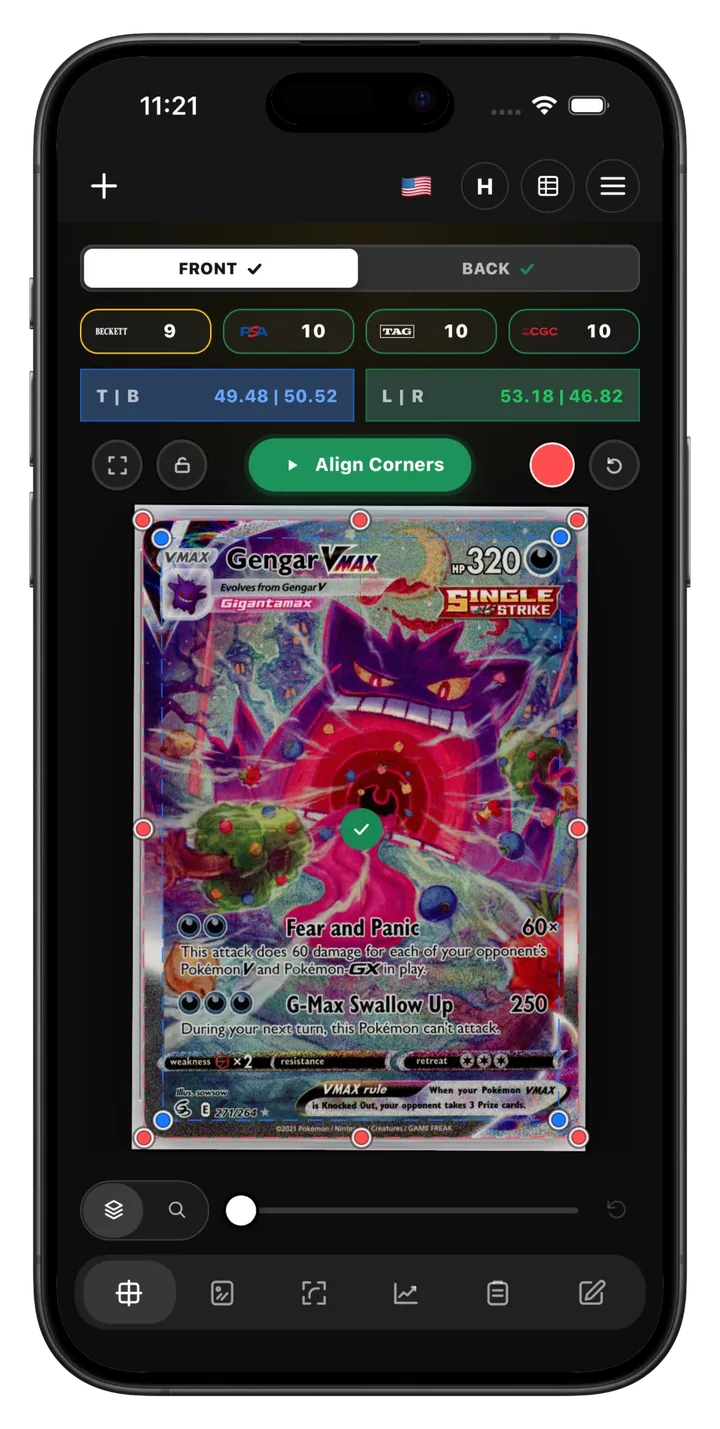 Centering screen measuring a Gengar VMAX's borders with PSA, Beckett, TAG and CGC grades