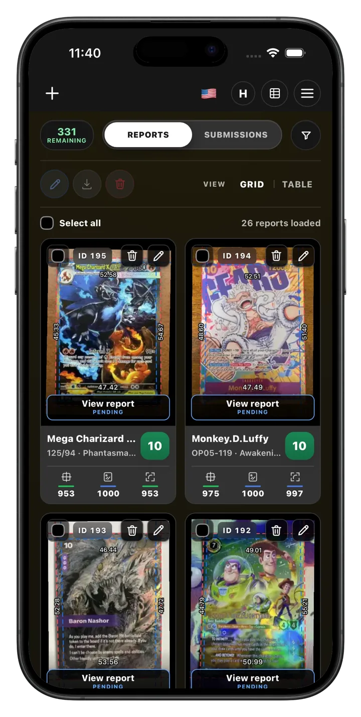 Reports grid with predicted grades for each saved card