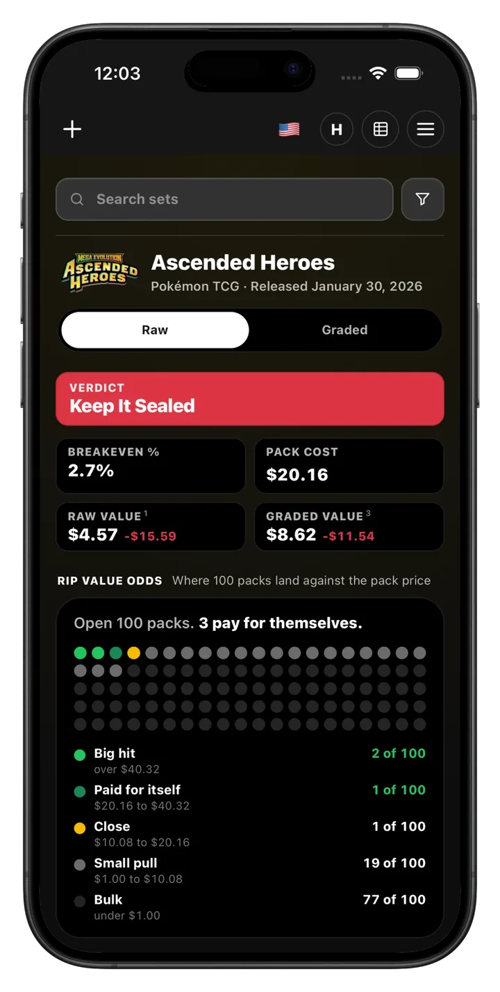 Sealed value verdict with rip value odds for a booster pack