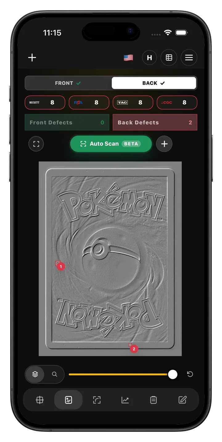 Surface scan marking two defects on the back of a card
