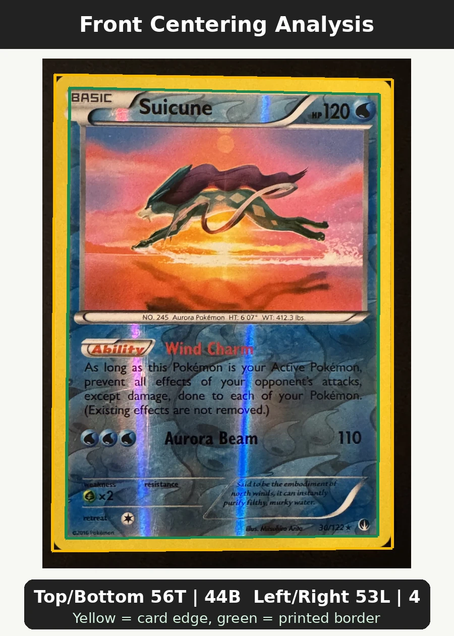 Suicune 030/122 BREAKpoint front centering analysis showing Top/Bottom 56T | 44B and Left/Right 53L | 47R.