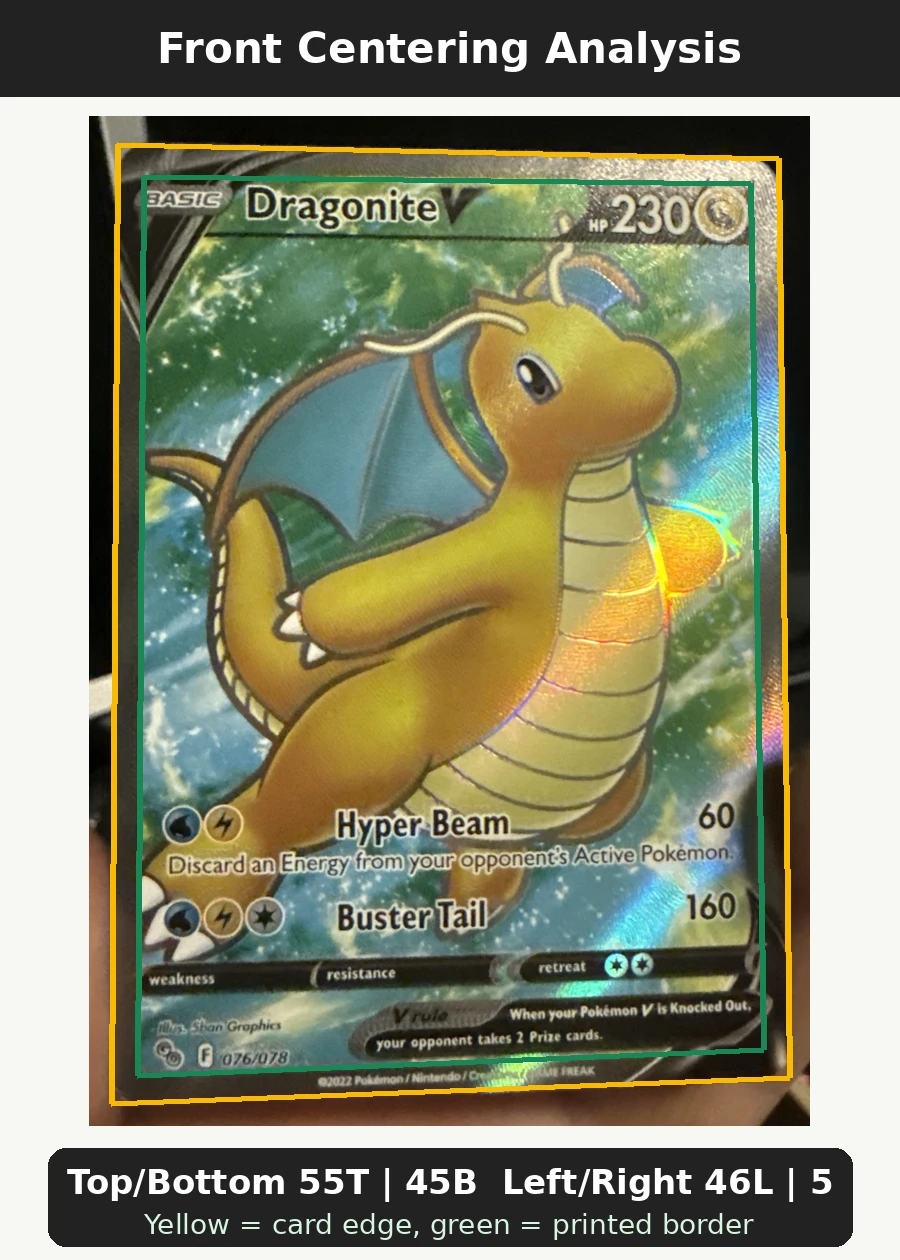 Dragonite V 076/78 Pokémon GO front centering analysis showing Top/Bottom 55T | 45B and Left/Right 46L | 54R.