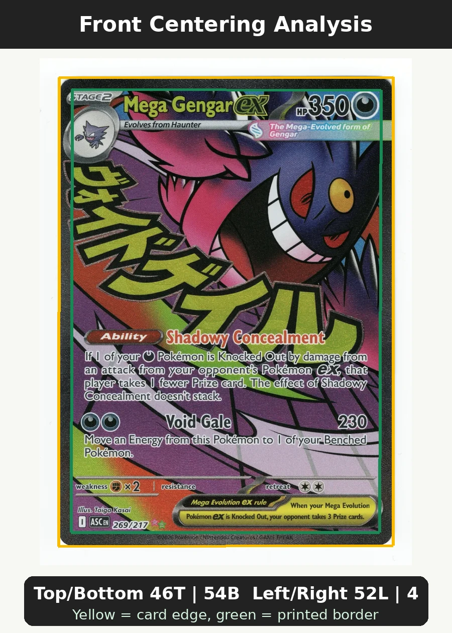 Mega Gengar ex 269/217 Ascended Heroes front centering analysis showing Top/Bottom 46T | 54B and Left/Right 52L | 48R.