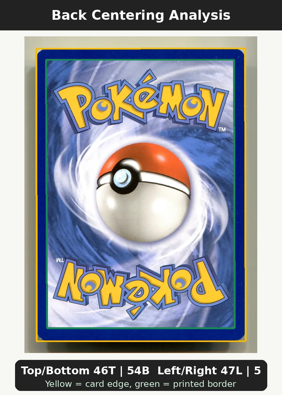 Pikachu DP016 Countdown Calendar Promos back centering analysis showing Top/Bottom 46T | 54B and Left/Right 47L | 53R.