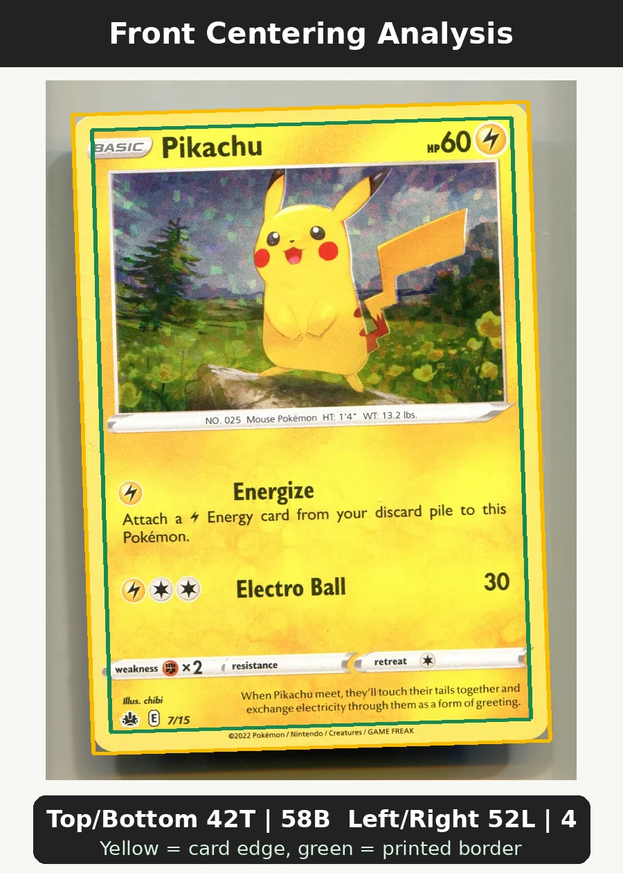 Pikachu DP016 Countdown Calendar Promos front centering analysis showing Top/Bottom 42T | 58B and Left/Right 52L | 48R.