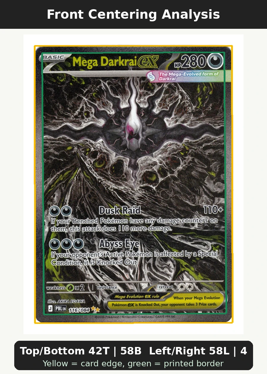 Mega Darkrai ex 116/84 Pitch Black front centering analysis showing Top/Bottom 42T | 58B and Left/Right 58L | 42R.