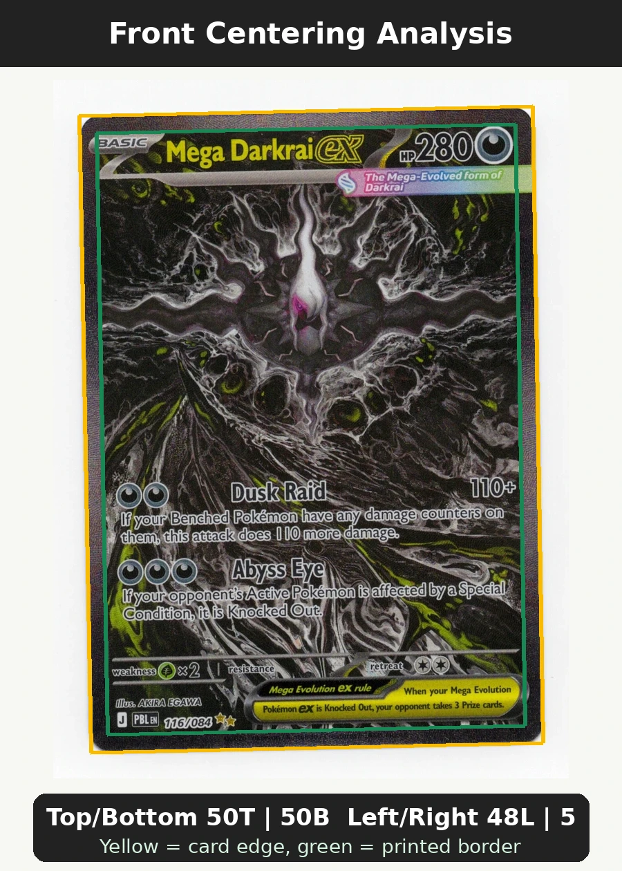 Mega Darkrai ex 116/84 Pitch Black front centering analysis showing Top/Bottom 50T | 50B and Left/Right 48L | 52R.