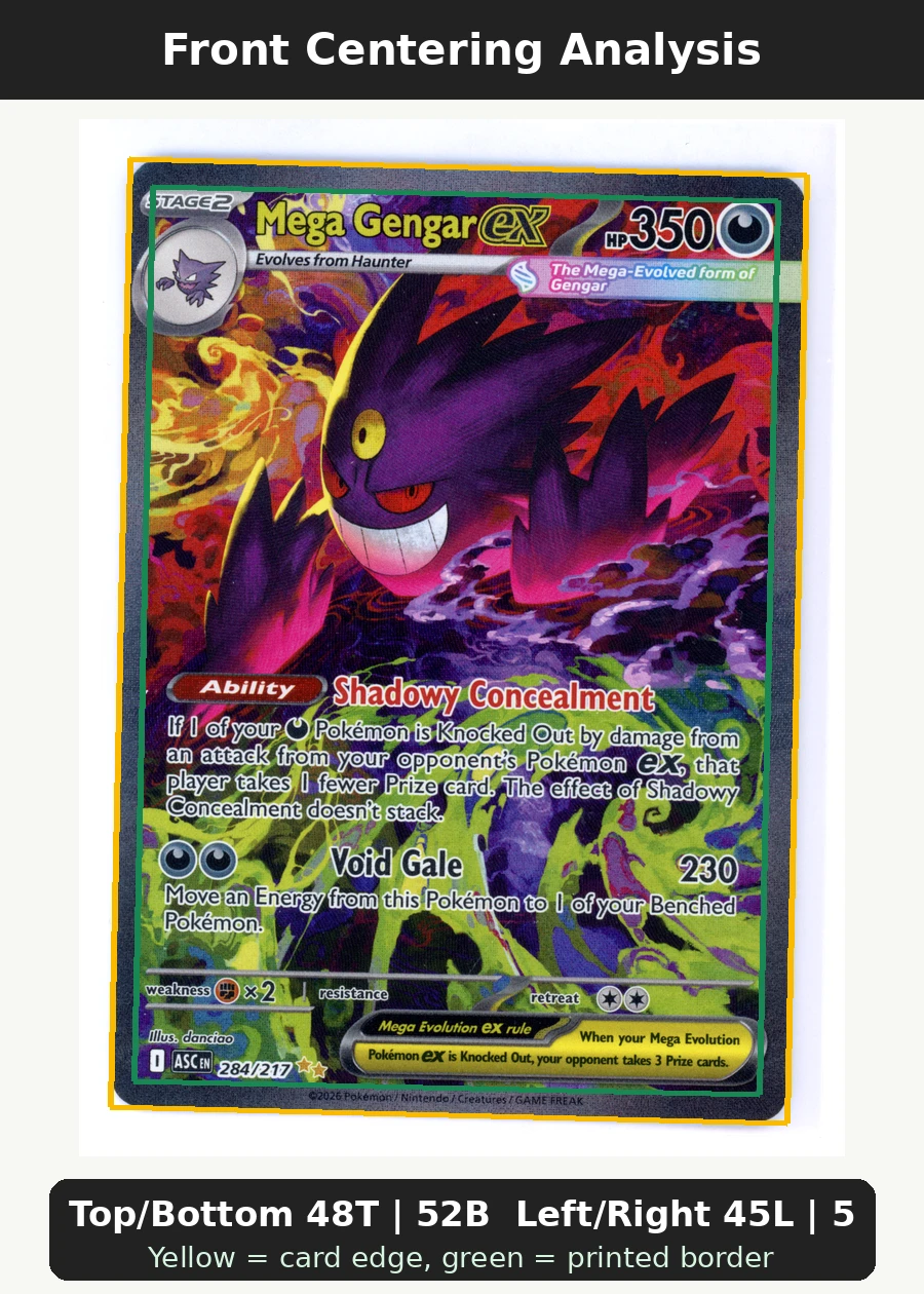 Mega Gengar ex 284/217 Ascended Heroes front centering analysis showing Top/Bottom 48T | 52B and Left/Right 45L | 55R.