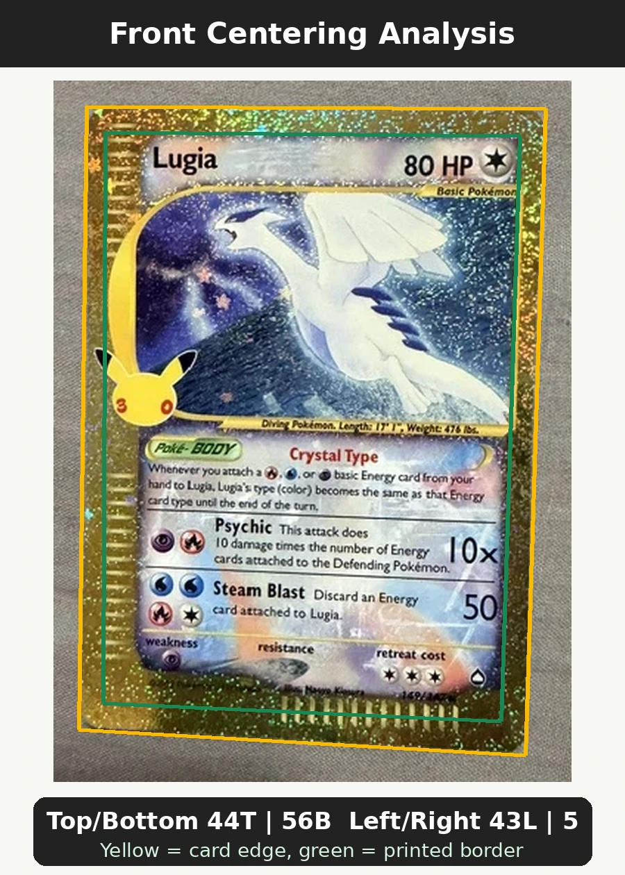 Lugia 149 30th Classic Collection front centering analysis showing Top/Bottom 44T | 56B and Left/Right 43L | 57R.