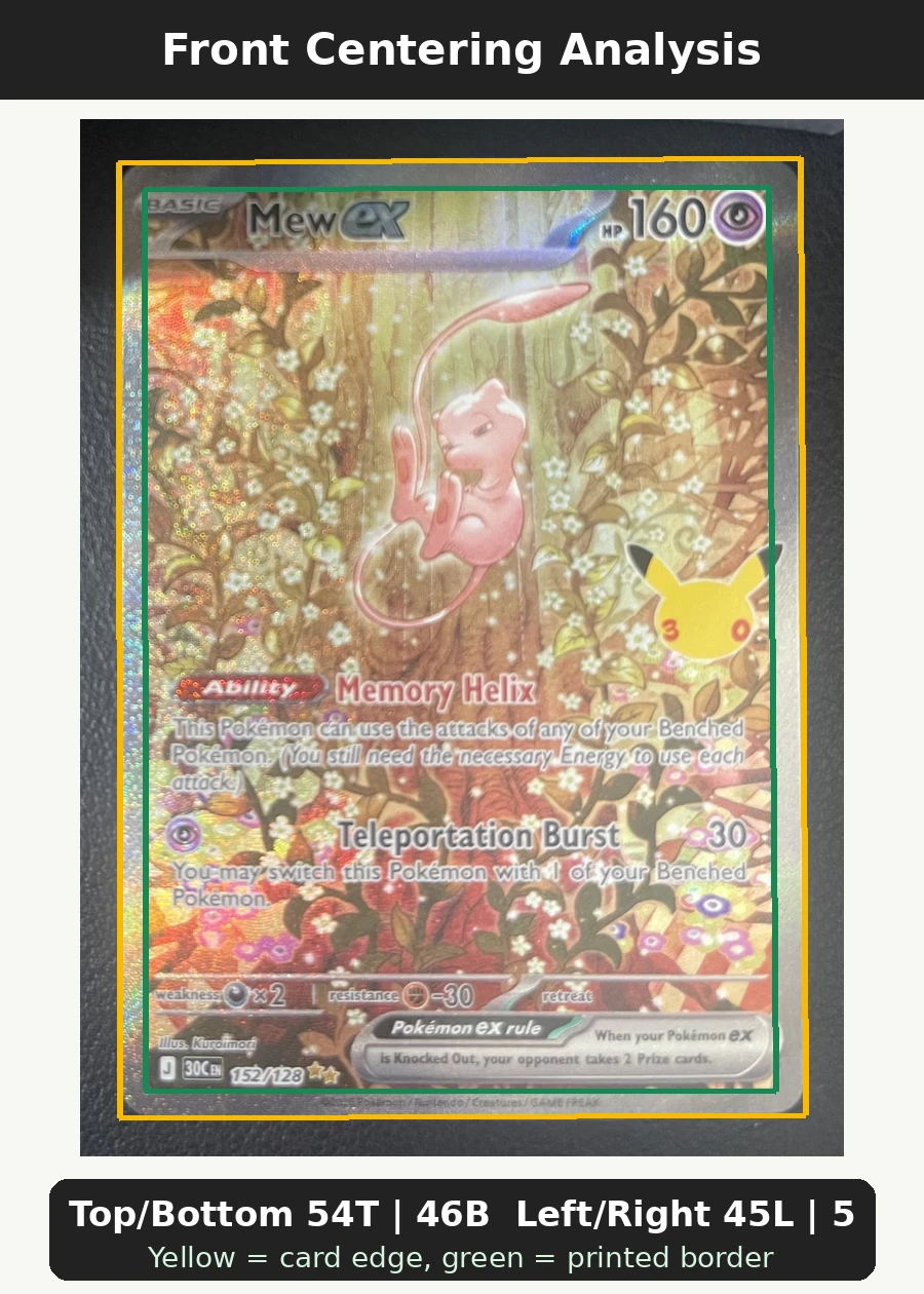 Mew ex 152/128 30th Celebration front centering analysis showing Top/Bottom 54T | 46B and Left/Right 45L | 55R.