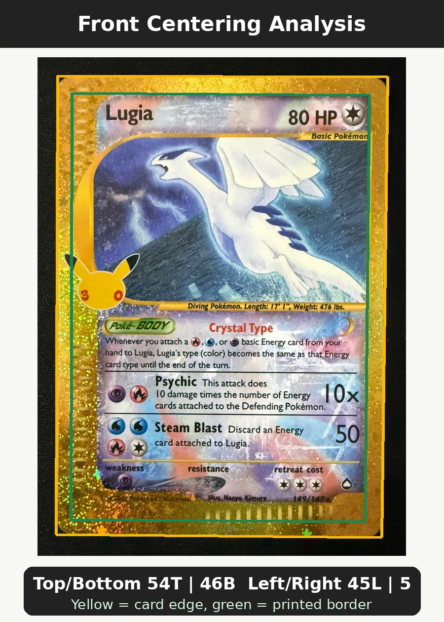 Lugia 029 30th Classic Collection front centering analysis showing Top/Bottom 54T | 46B and Left/Right 45L | 55R.