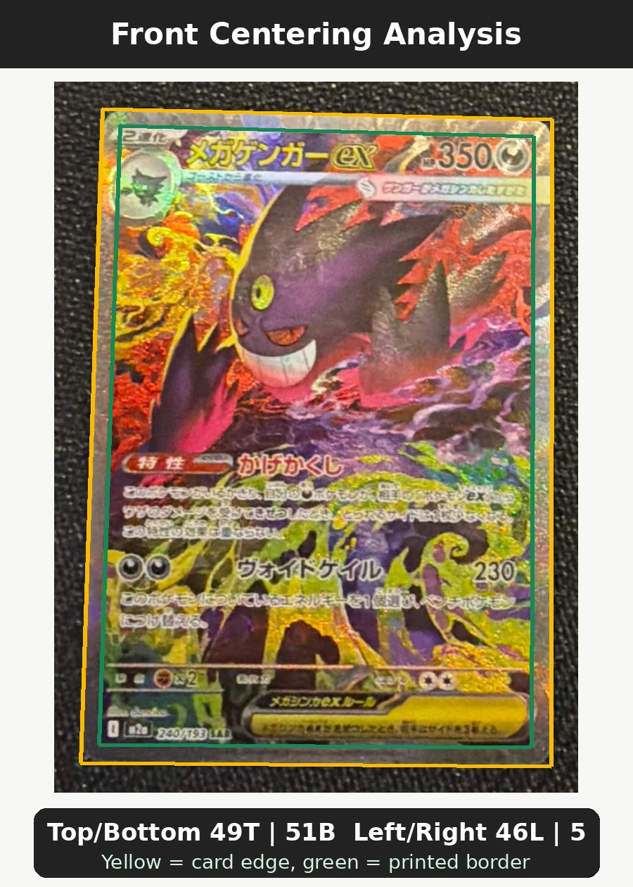 Mega Gengar ex 240/193 MEGA Dream ex front centering analysis showing Top/Bottom 49T | 51B and Left/Right 46L | 54R.