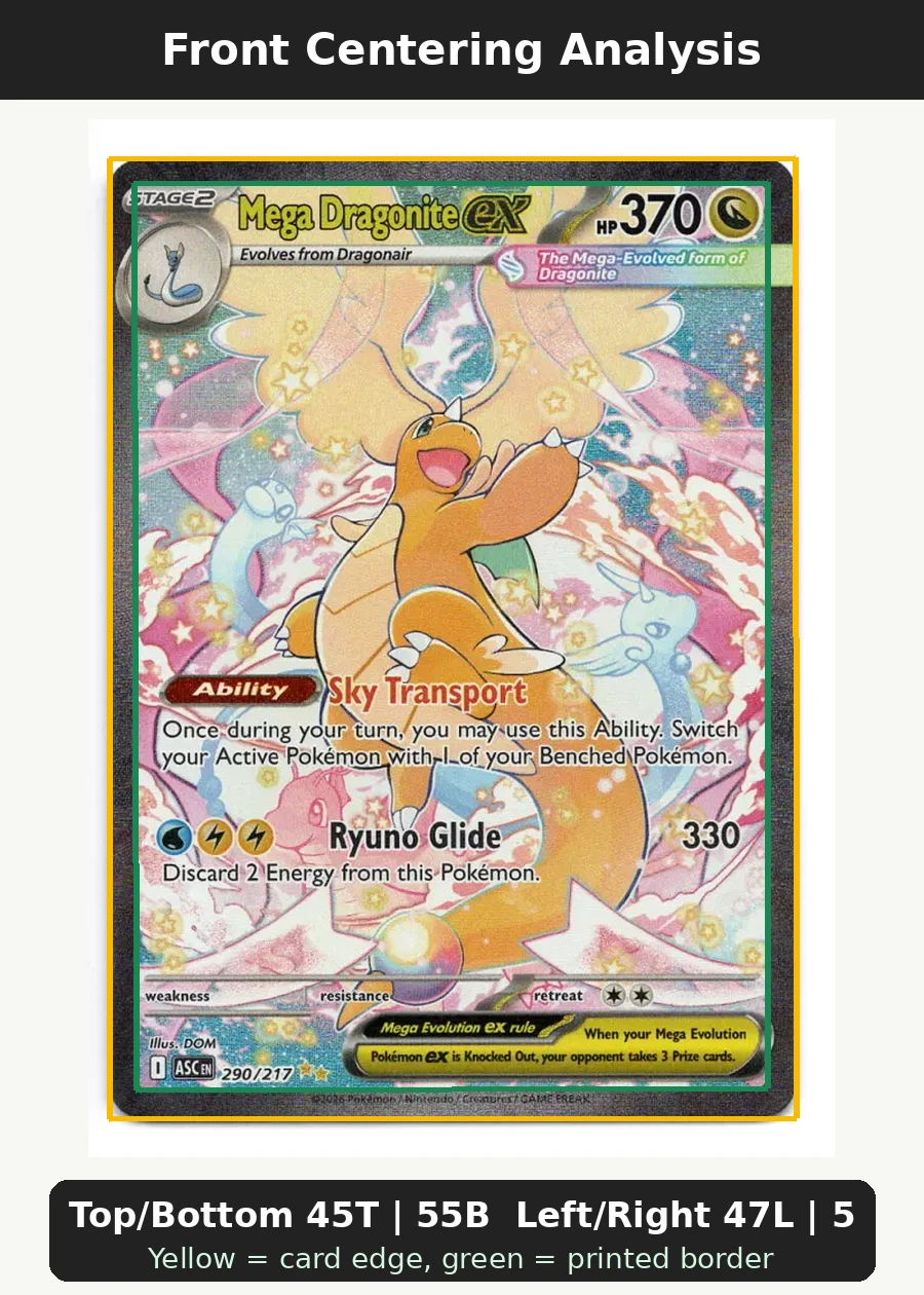 Mega Dragonite ex 290/217 Ascended Heroes front centering analysis showing Top/Bottom 45T | 55B and Left/Right 47L | 53R.