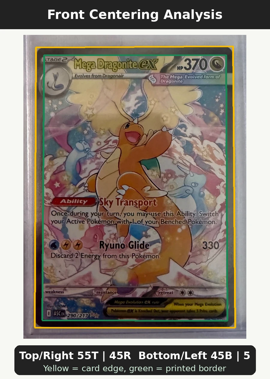 Mega Dragonite ex 290/217 Ascended Heroes front centering analysis showing Top/Right 55T | 45R and Bottom/Left 45B | 55L.