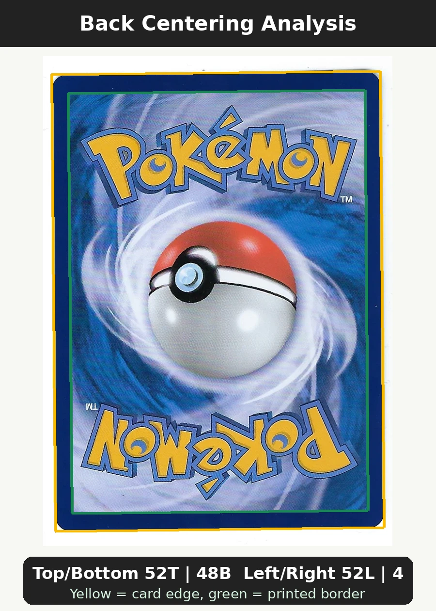 Pikachu SWSH020/307 SWSH Black Star Promos back centering analysis showing Top/Bottom 52T | 48B and Left/Right 52L | 48R.