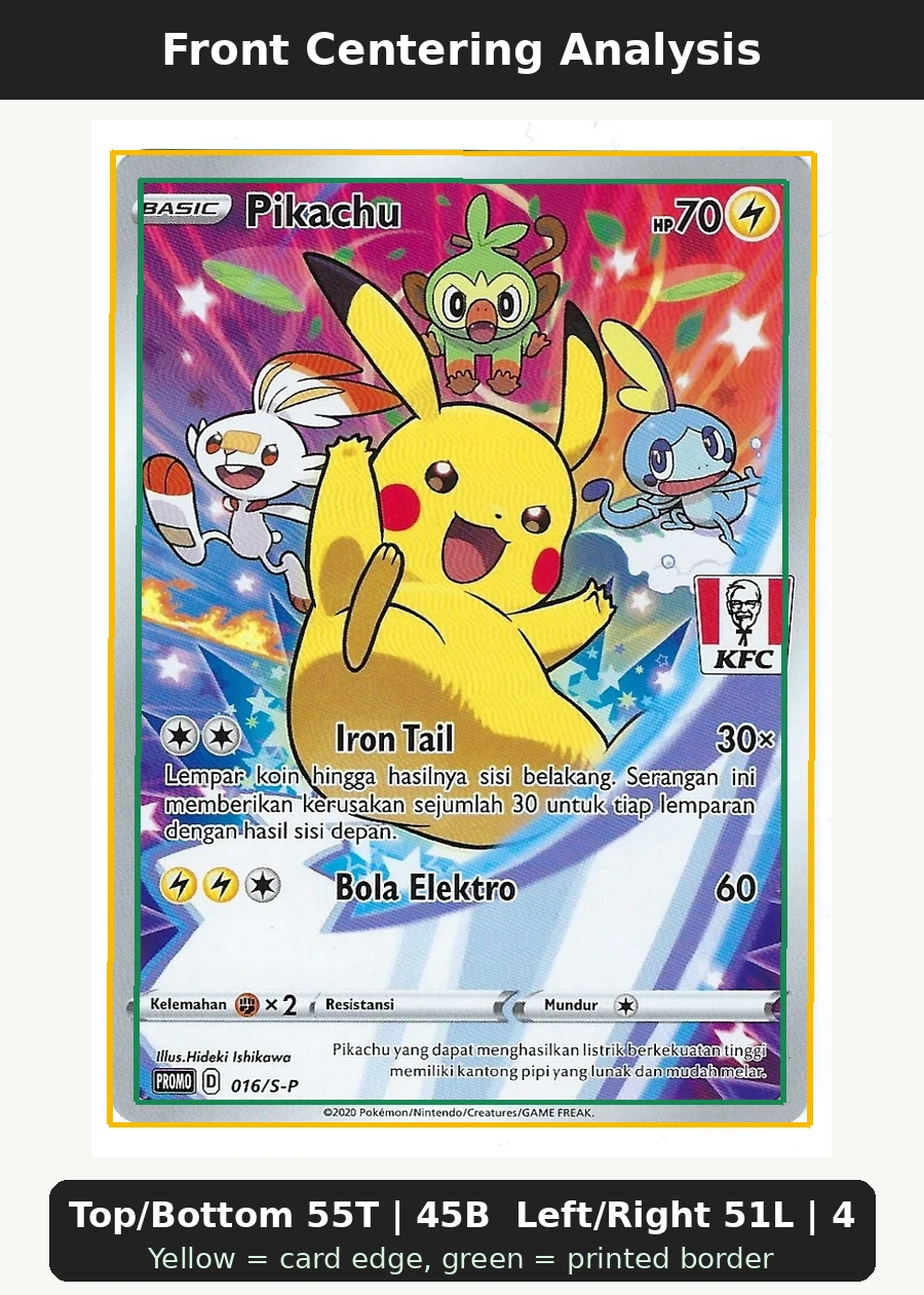 Pikachu SWSH020/307 SWSH Black Star Promos front centering analysis showing Top/Bottom 55T | 45B and Left/Right 51L | 49R.