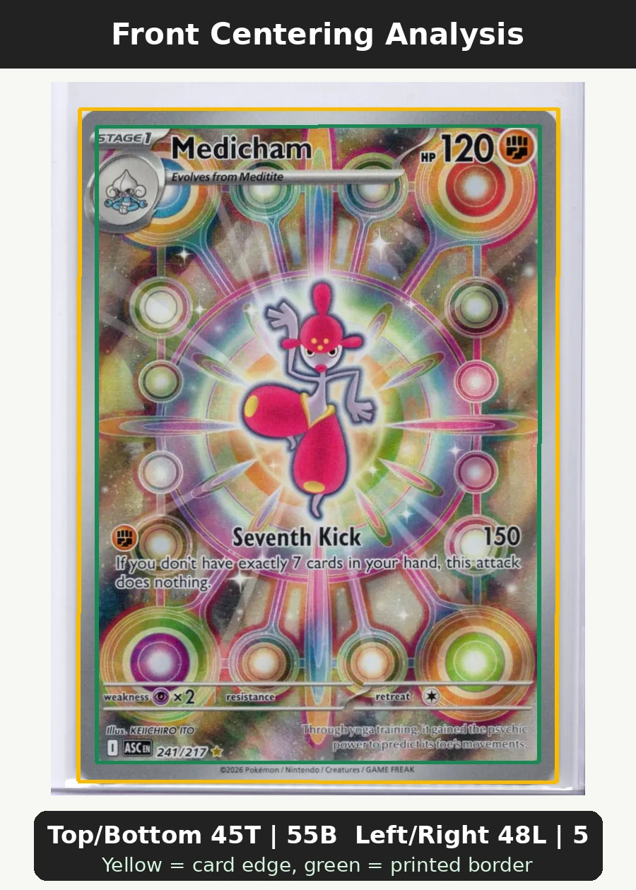 Medicham 241/217 Ascended Heroes front centering analysis showing Top/Bottom 45T | 55B and Left/Right 48L | 52R.