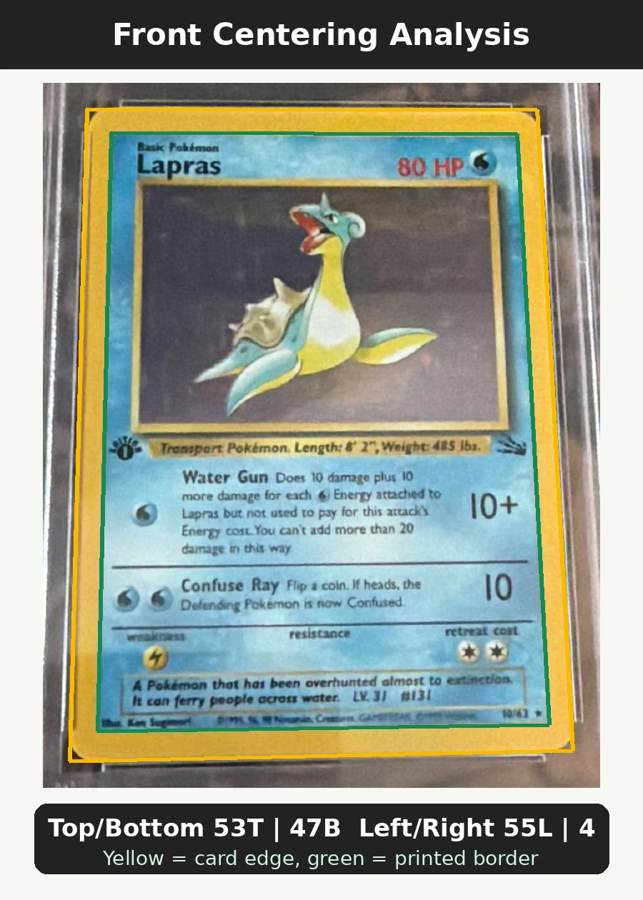 Lapras 010/62 Fossil front centering analysis showing Top/Bottom 53T | 47B and Left/Right 55L | 45R.