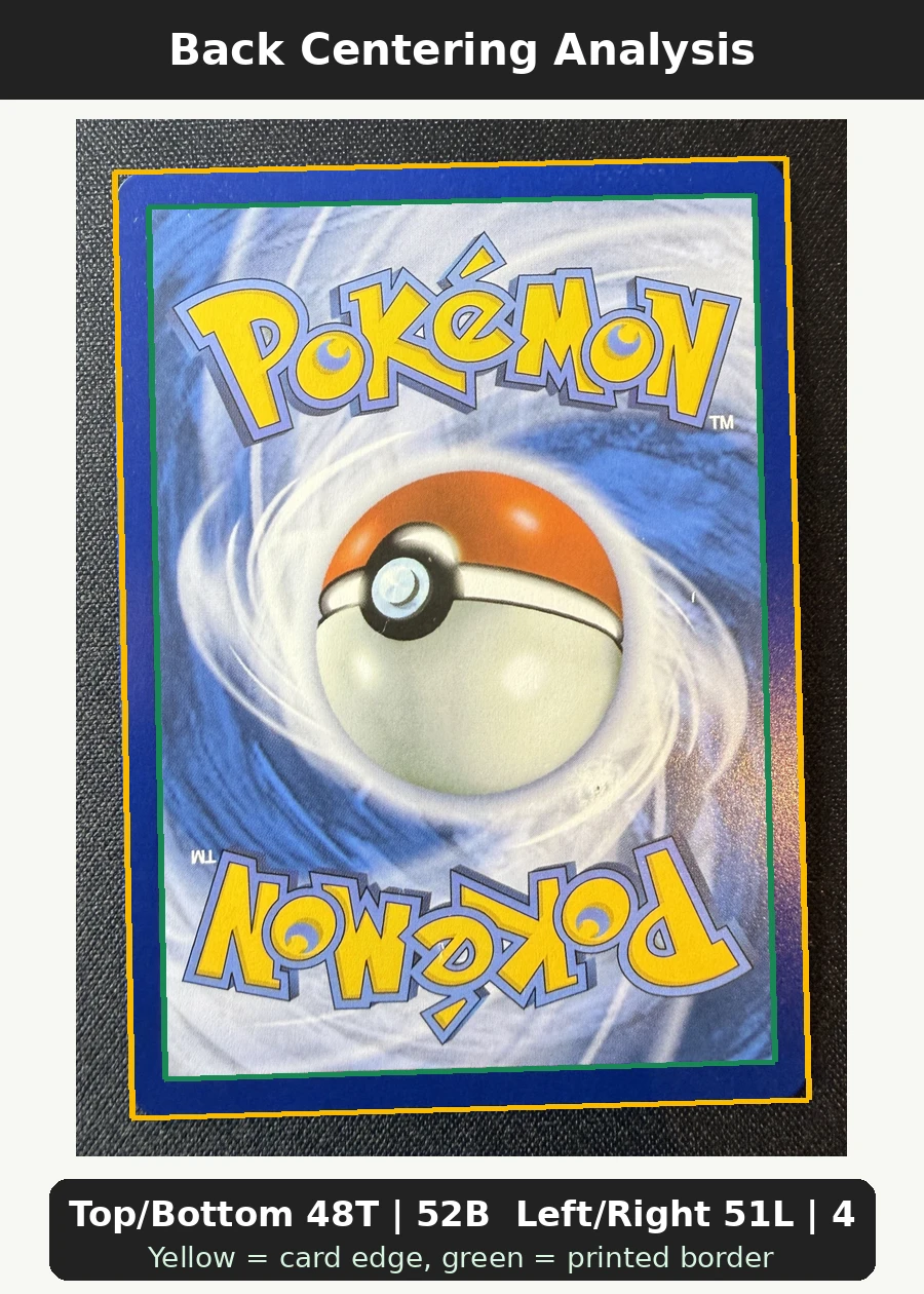 Bulbasaur 037 MEP Black Star Promos back centering analysis showing Top/Bottom 48T | 52B and Left/Right 51L | 49R.