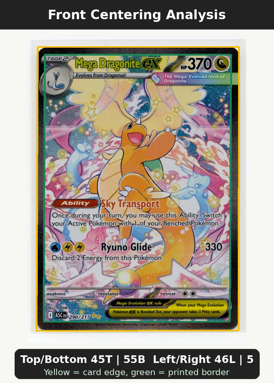 Mega Dragonite ex 290/217 Ascended Heroes front centering analysis showing Top/Bottom 45T | 55B and Left/Right 46L | 54R.