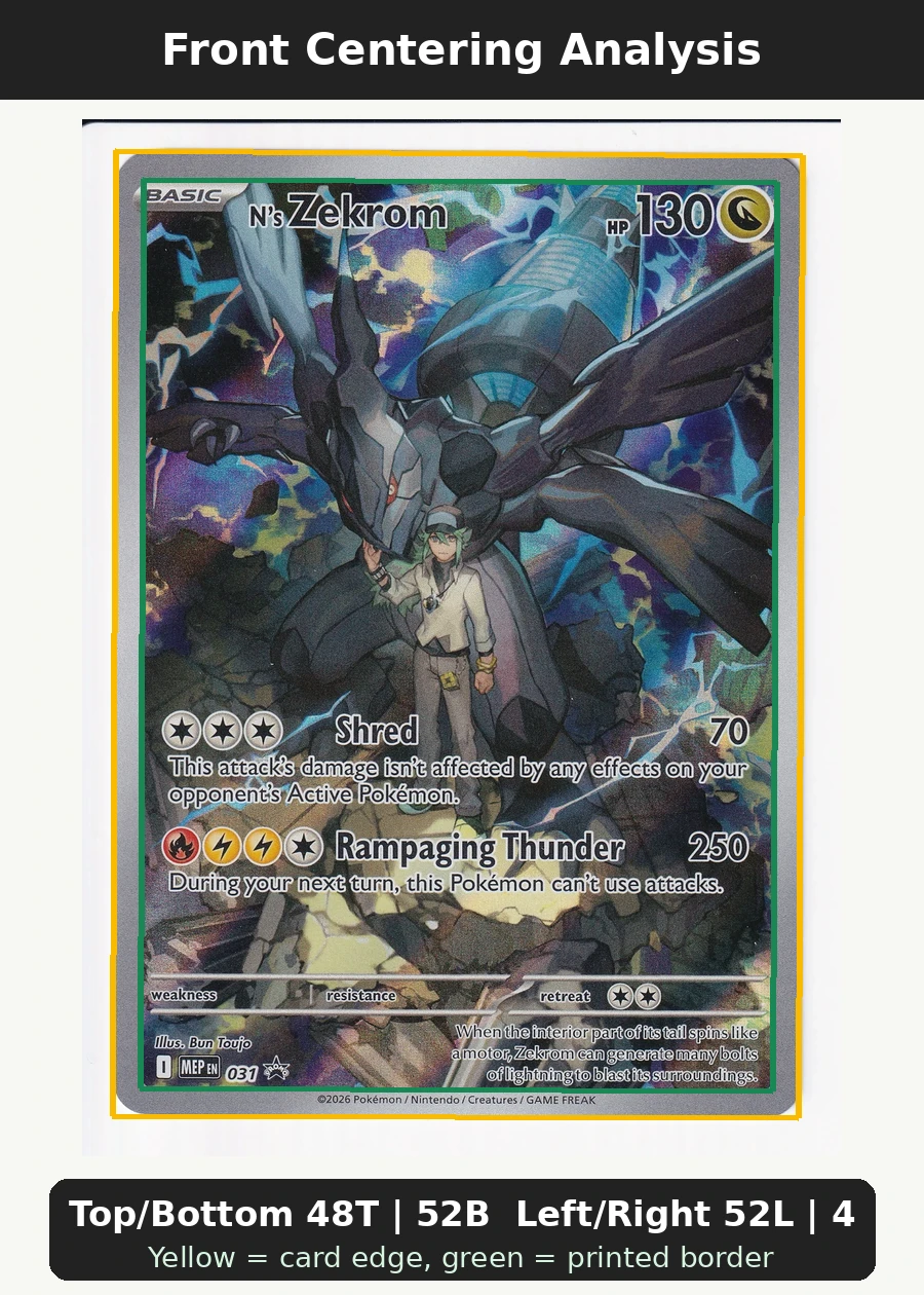 N's Zekrom 031 MEP Black Star Promos front centering analysis showing Top/Bottom 48T | 52B and Left/Right 52L | 48R.