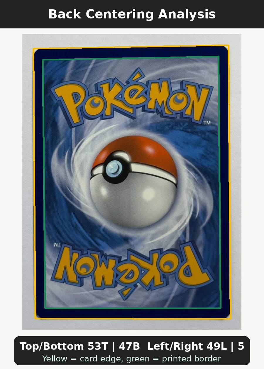 Flareon V SWSH179/307 SWSH Black Star Promos back centering analysis showing Top/Bottom 53T | 47B and Left/Right 49L | 51R.
