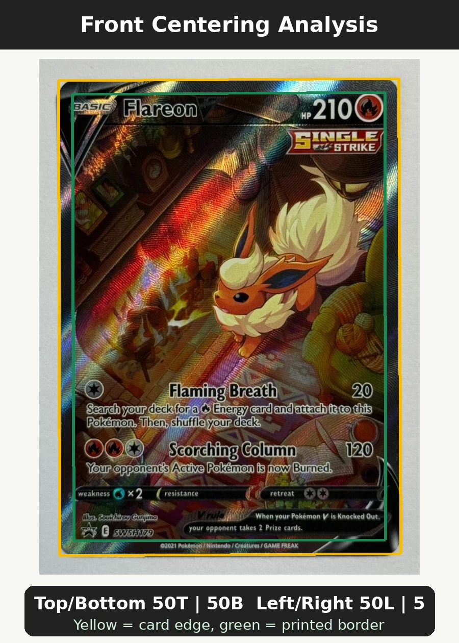 Flareon V SWSH179/307 SWSH Black Star Promos front centering analysis showing Top/Bottom 50T | 50B and Left/Right 50L | 50R.