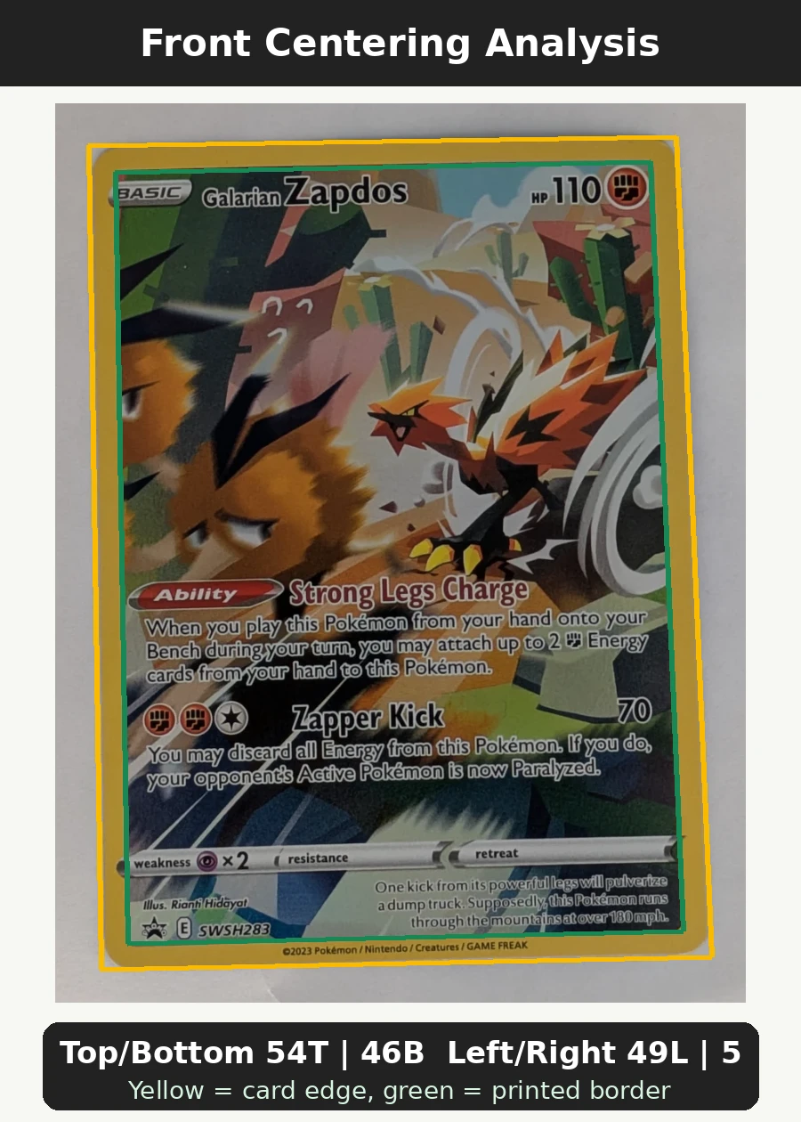Galarian Zapdos SWSH283/307 SWSH Black Star Promos front centering analysis showing Top/Bottom 54T | 46B and Left/Right 49L | 51R.