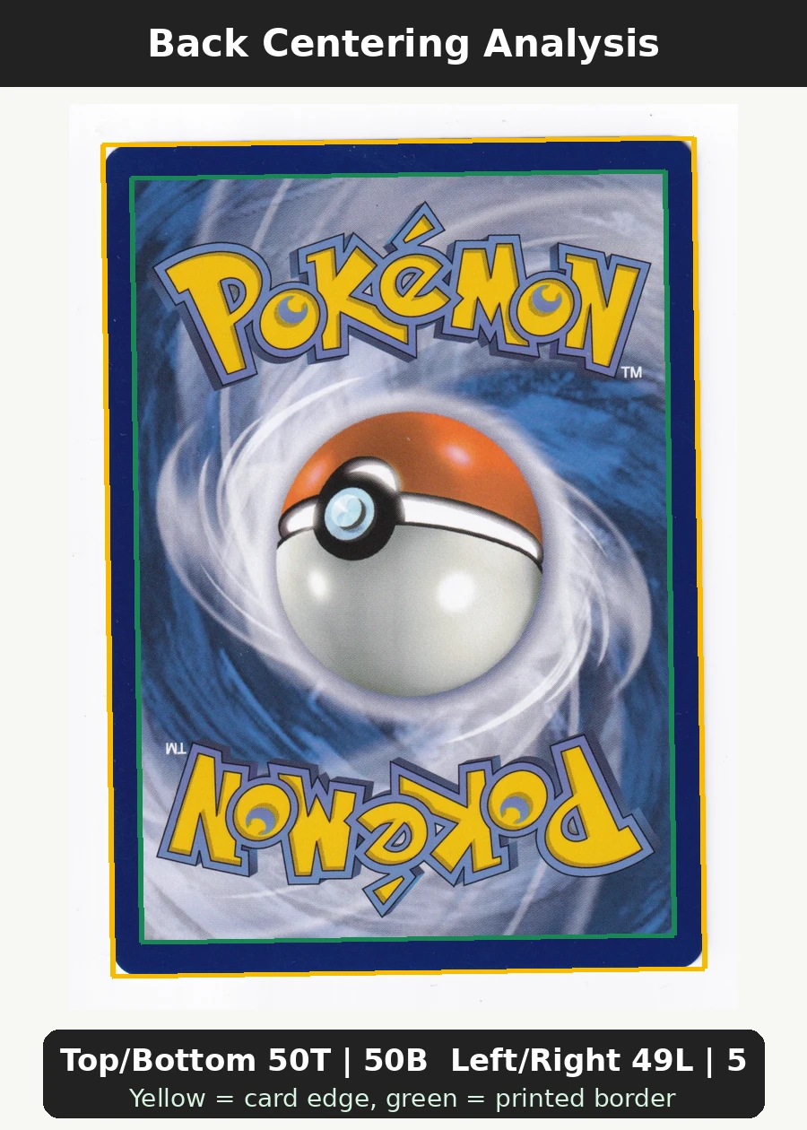 Bulbasaur 037 MEP Black Star Promos back centering analysis showing Top/Bottom 50T | 50B and Left/Right 49L | 51R.