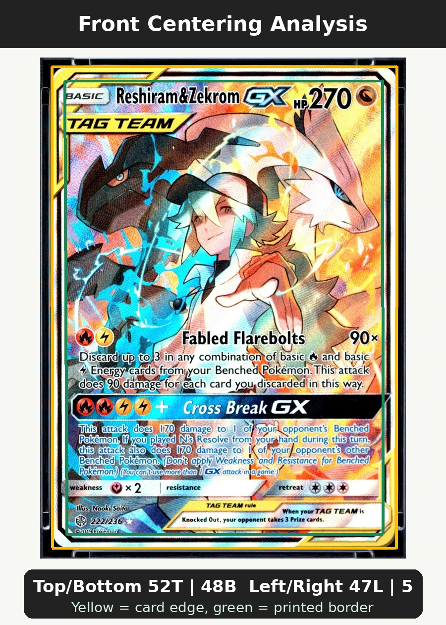 Reshiram & Zekrom GX 222/236 Cosmic Eclipse front centering analysis showing Top/Bottom 52T | 48B and Left/Right 47L | 53R.