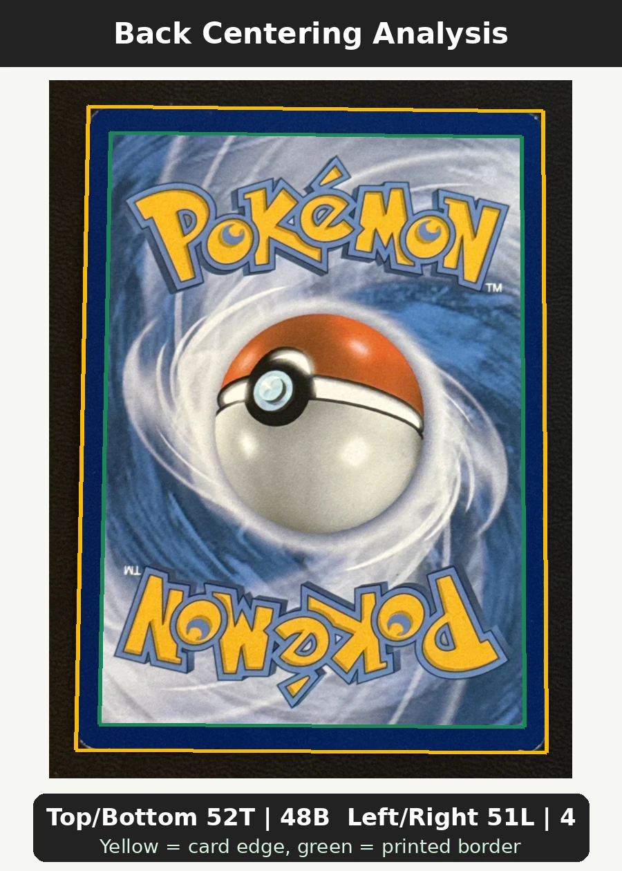 Snorlax 058/83 Generations back centering analysis showing Top/Bottom 52T | 48B and Left/Right 51L | 49R.
