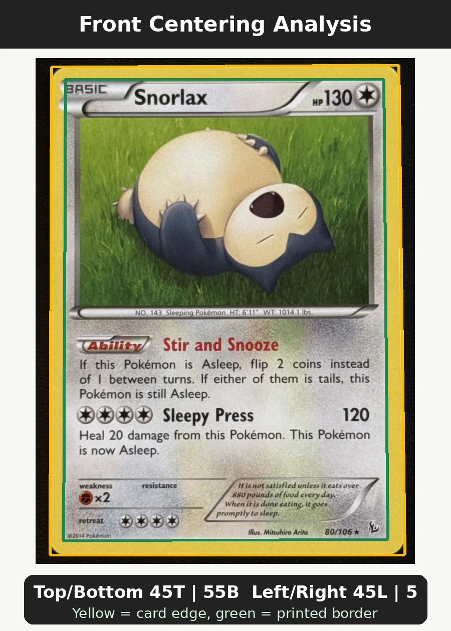 Snorlax 058/83 Generations front centering analysis showing Top/Bottom 45T | 55B and Left/Right 45L | 55R.
