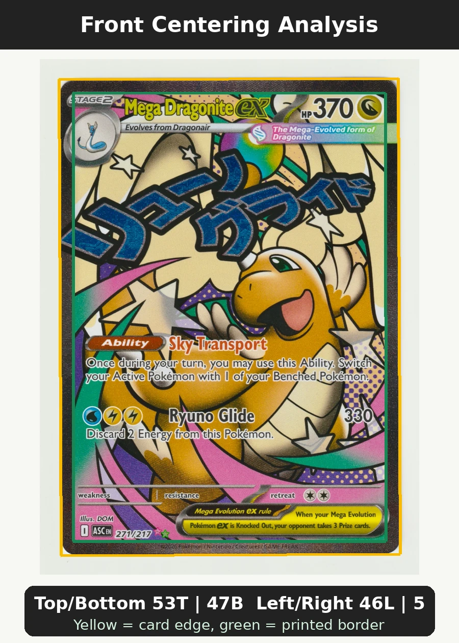Mega Dragonite ex 271/217 Ascended Heroes front centering analysis showing Top/Bottom 53T | 47B and Left/Right 46L | 54R.