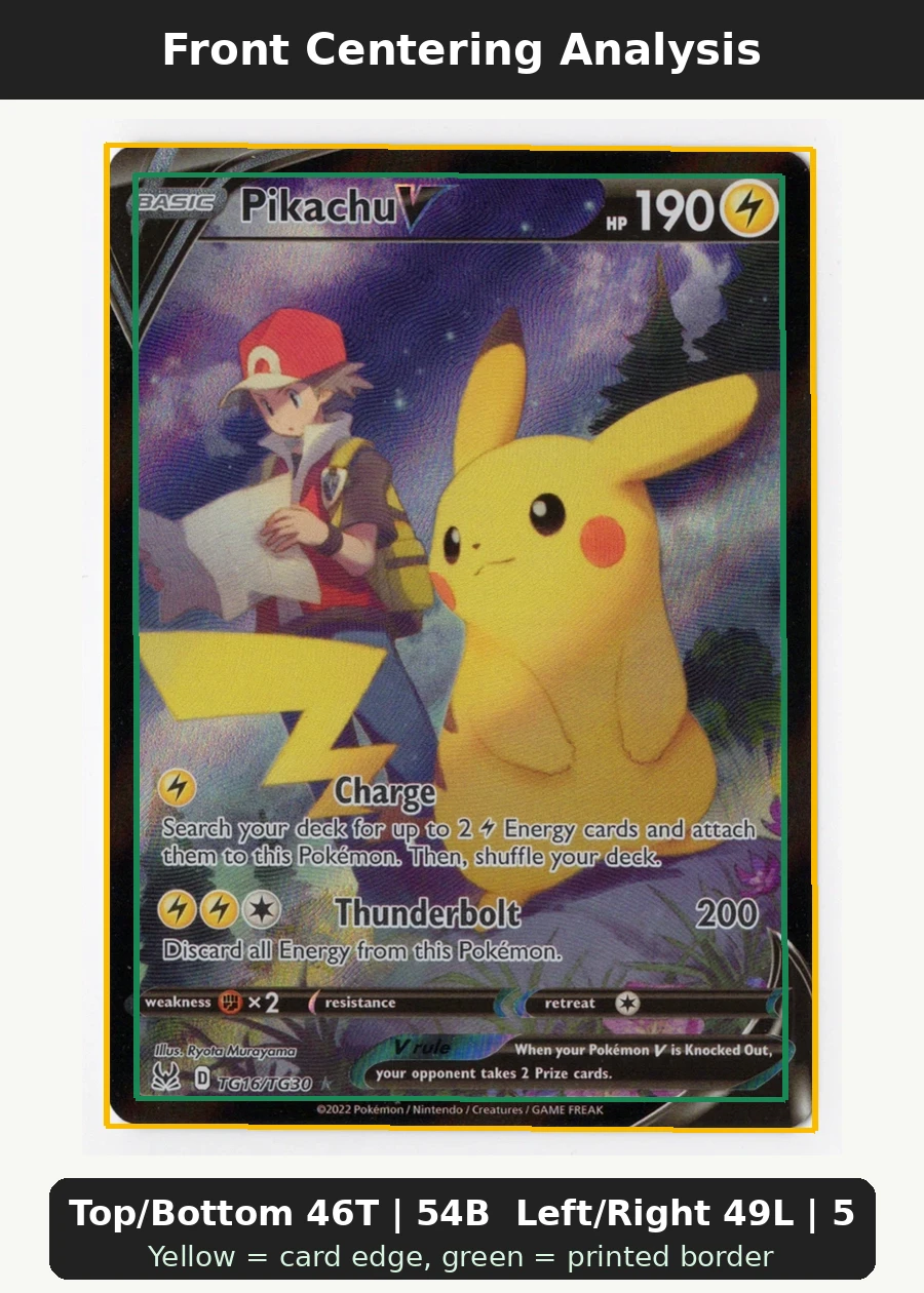 Pikachu V TG16/196 Lost Origin front centering analysis showing Top/Bottom 46T | 54B and Left/Right 49L | 51R.