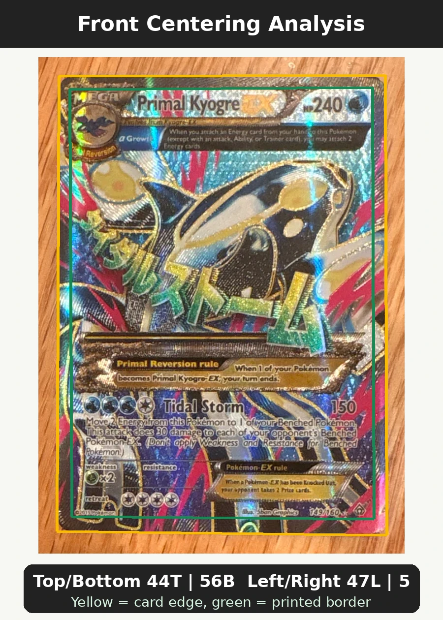 Primal Kyogre EX 149/160 Primal Clash front centering analysis showing Top/Bottom 44T | 56B and Left/Right 47L | 53R.