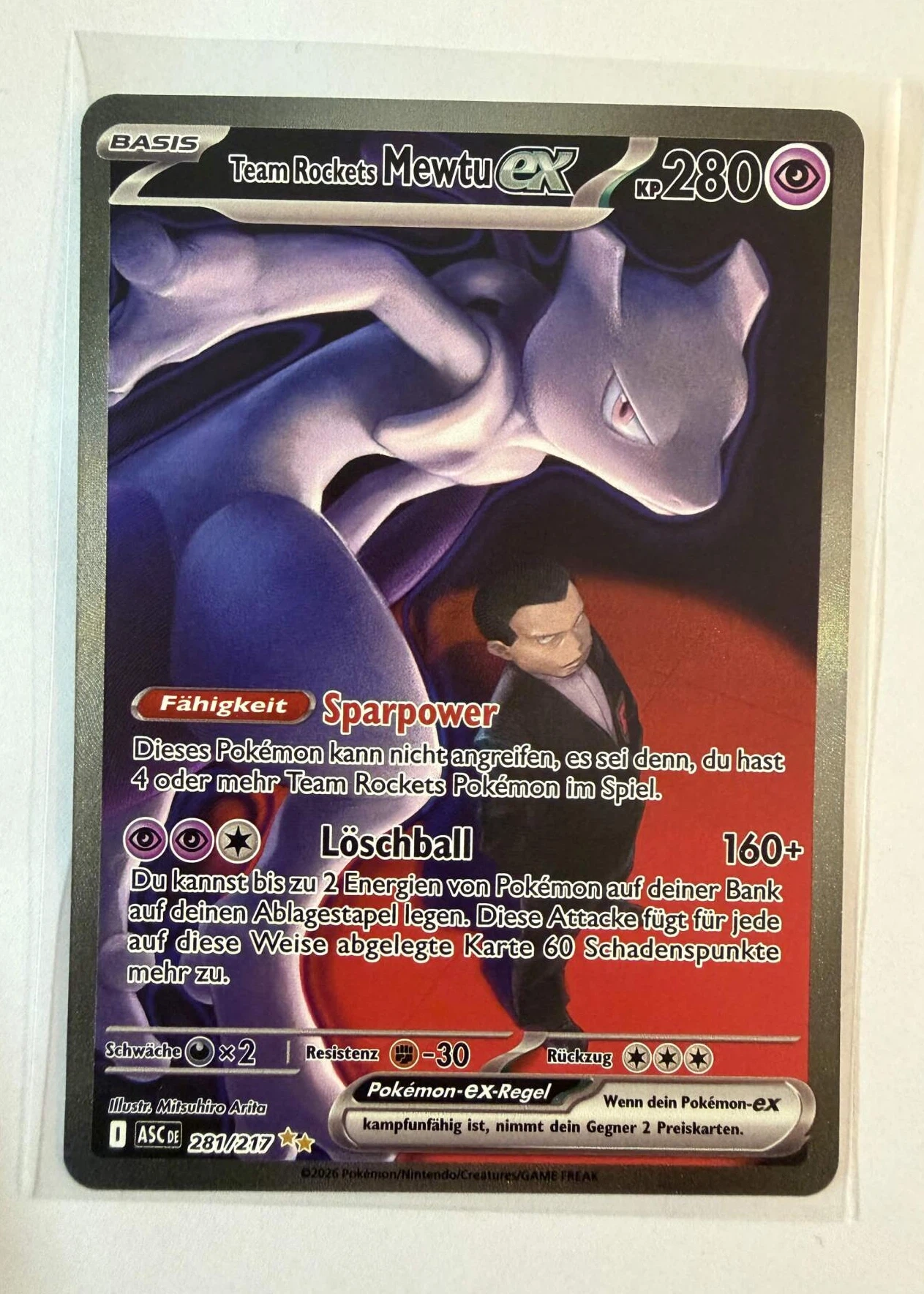 Team Rocket's Mewtwo ex 281/217 Ascended Heroes front card photo in GradeValue pregrading report