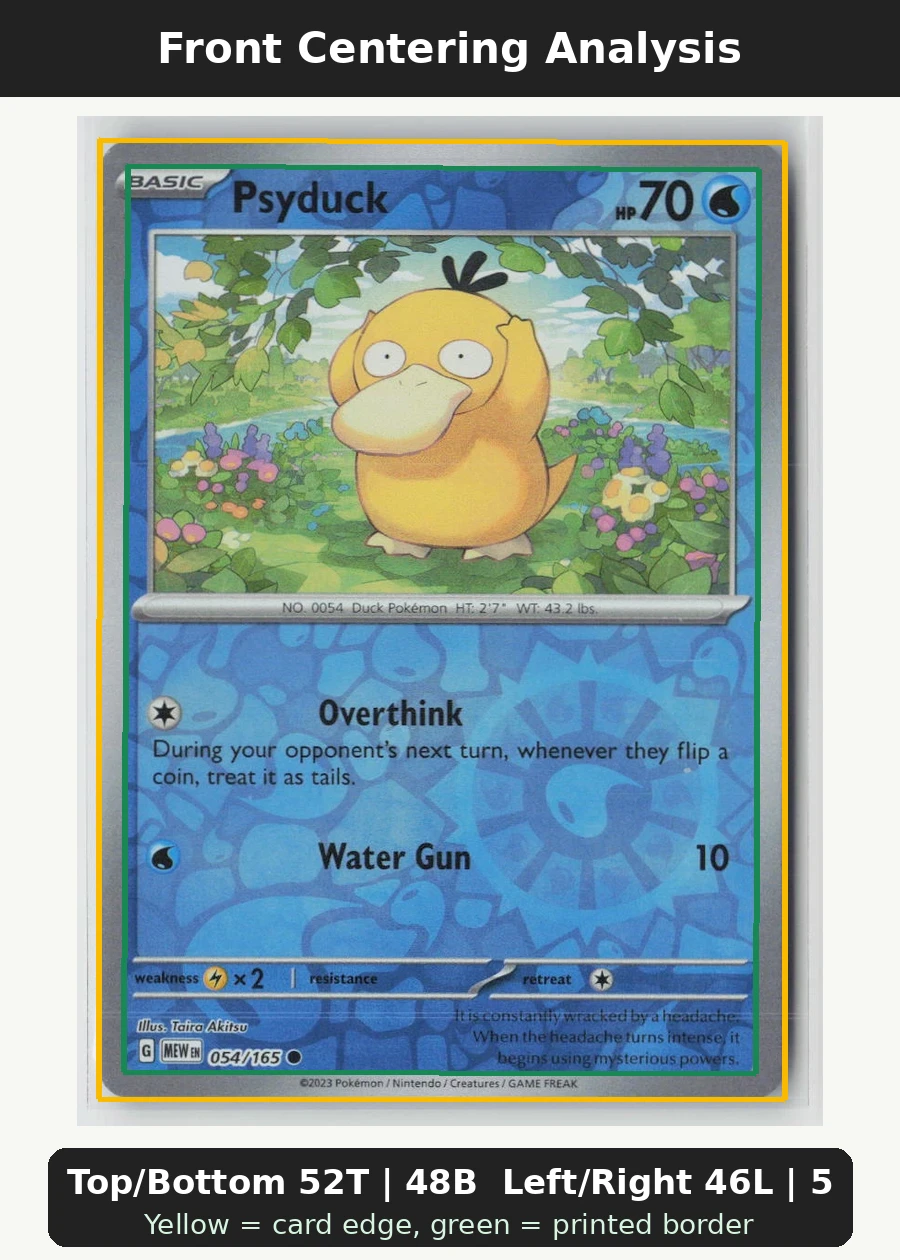 Psyduck 054/165 · Reverse Holo 151 front centering analysis showing Top/Bottom 52T | 48B and Left/Right 46L | 54R.
