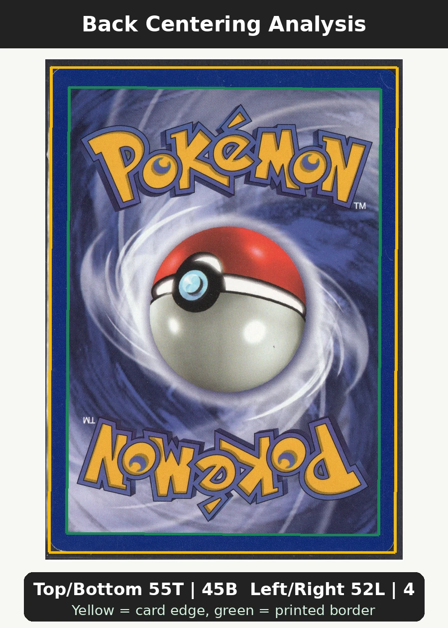 Pikachu 001/53 Wizards Black Star Promos back centering analysis showing Top/Bottom 55T | 45B and Left/Right 52L | 48R.