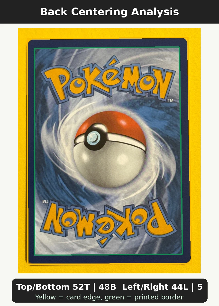 Gardevoir ex 233/91 Paldean Fates back centering analysis showing Top/Bottom 52T | 48B and Left/Right 44L | 56R.