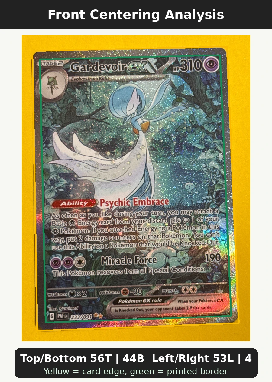 Gardevoir ex 233/91 Paldean Fates front centering analysis showing Top/Bottom 56T | 44B and Left/Right 53L | 47R.