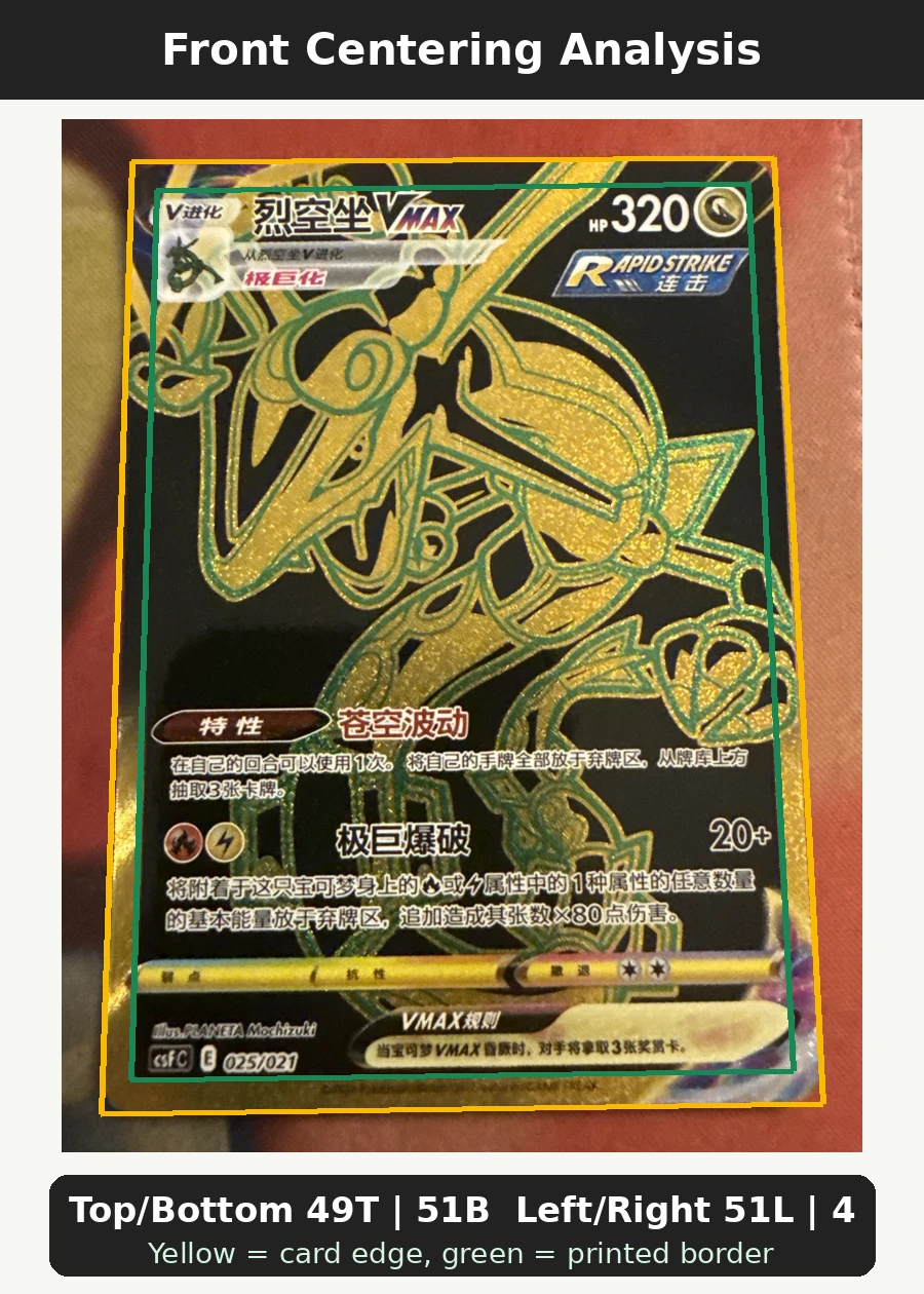 Rayquaza VMAX 284/184 VMAX Climax front centering analysis showing Top/Bottom 49T | 51B and Left/Right 51L | 49R.