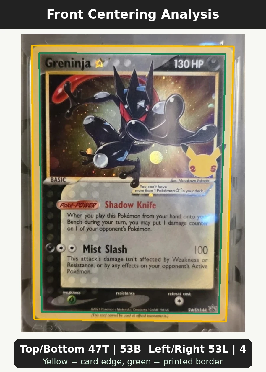 Greninja Star SWSH144/307 SWSH Black Star Promos front centering analysis showing Top/Bottom 47T | 53B and Left/Right 53L | 47R.