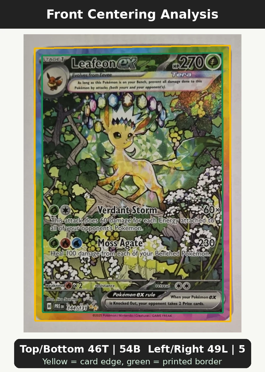 Leafeon ex 144/131 Prismatic Evolutions front centering analysis showing Top/Bottom 46T | 54B and Left/Right 49L | 51R.