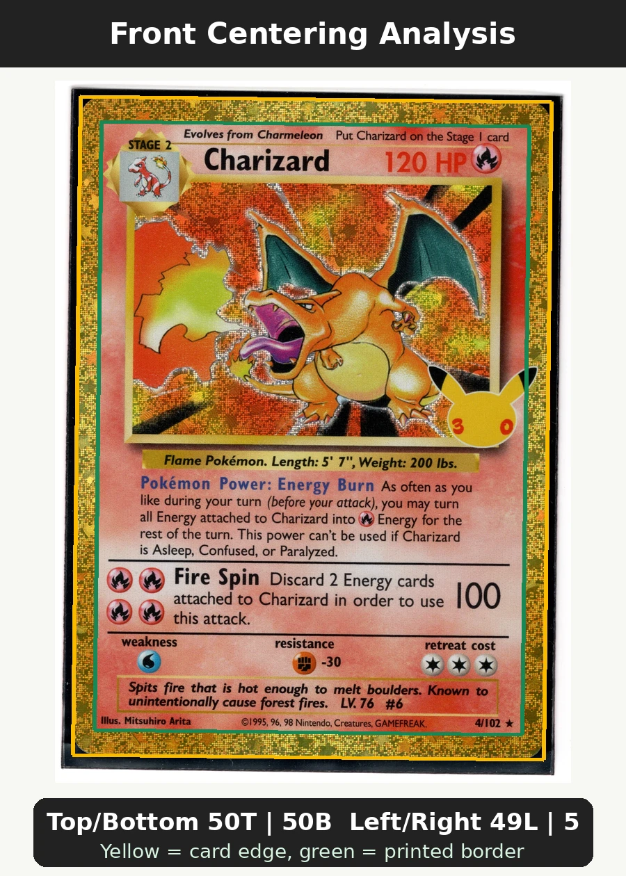 Charizard 004 30th Classic Collection front centering analysis showing Top/Bottom 50T | 50B and Left/Right 49L | 51R.