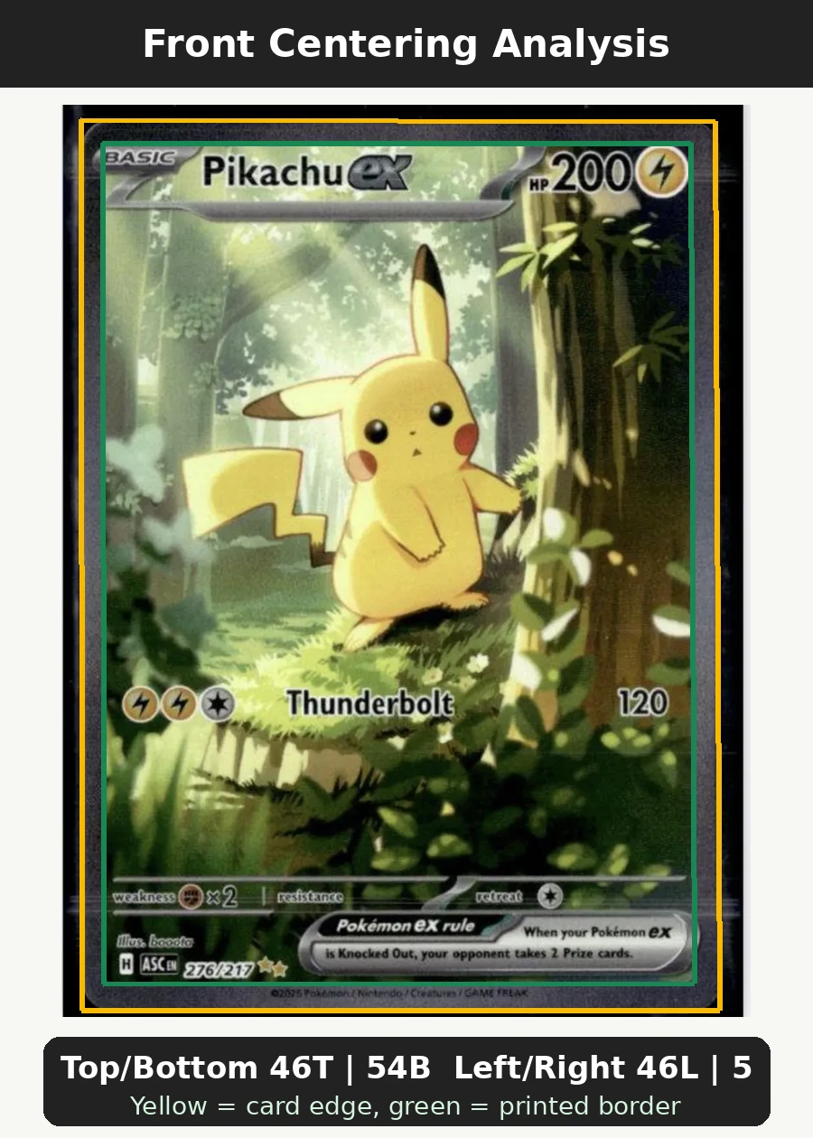 Pikachu ex 276/217 Ascended Heroes front centering analysis showing Top/Bottom 46T | 54B and Left/Right 46L | 54R.