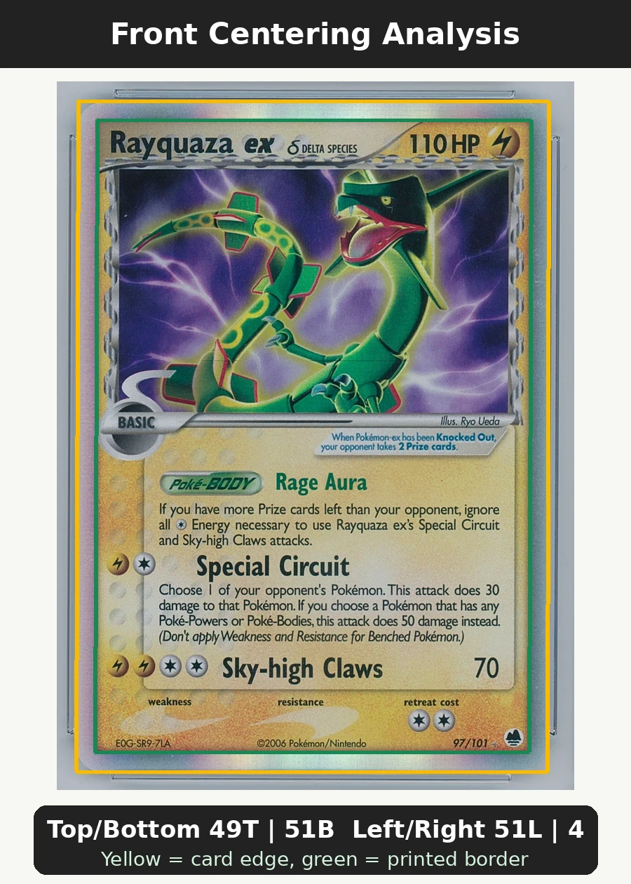 Rayquaza ex δ 097/101 Dragon Frontiers front centering analysis showing Top/Bottom 49T | 51B and Left/Right 51L | 49R.