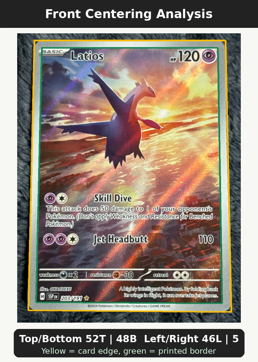 Latios 203/191 Surging Sparks front centering analysis showing Top/Bottom 52T | 48B and Left/Right 46L | 54R.