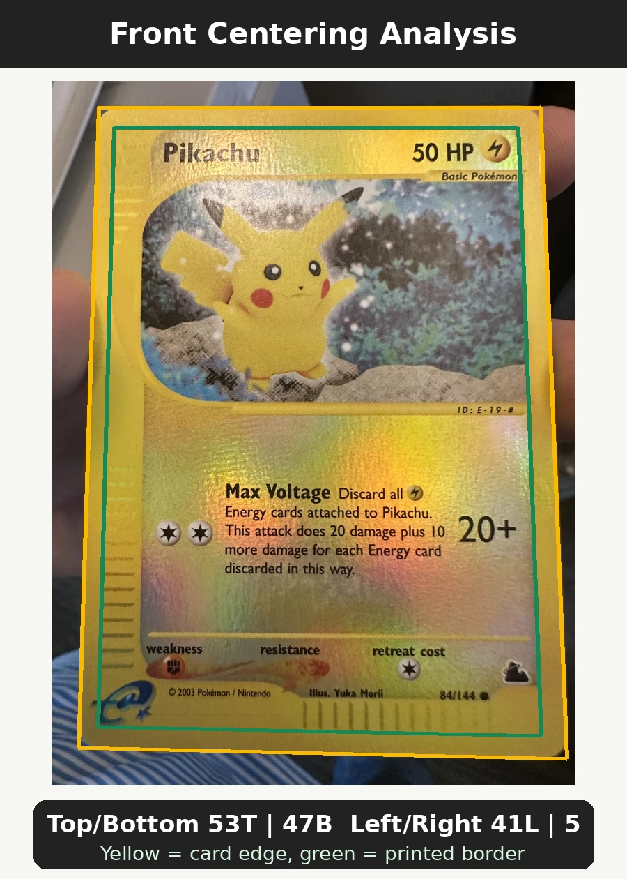 Pikachu 084/144 Skyridge front centering analysis showing Top/Bottom 53T | 47B and Left/Right 41L | 59R.
