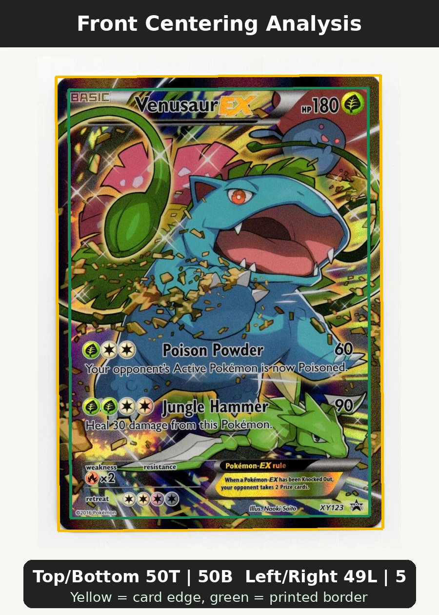 Venusaur EX XY123/211 XY Black Star Promos front centering analysis showing Top/Bottom 50T | 50B and Left/Right 49L | 51R.