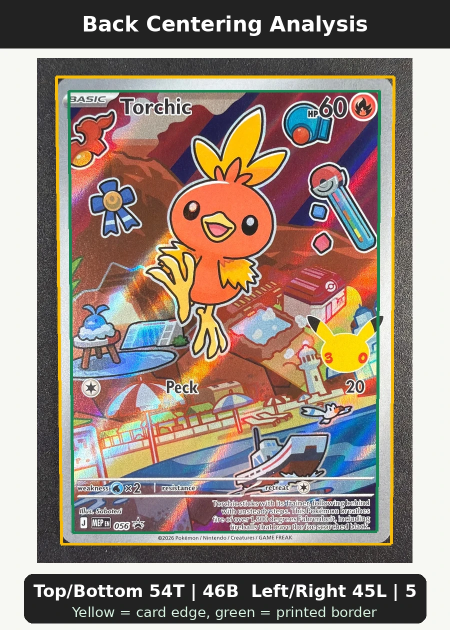 Chimchar 041 MEP Black Star Promos back centering analysis showing Top/Bottom 54T | 46B and Left/Right 45L | 55R.